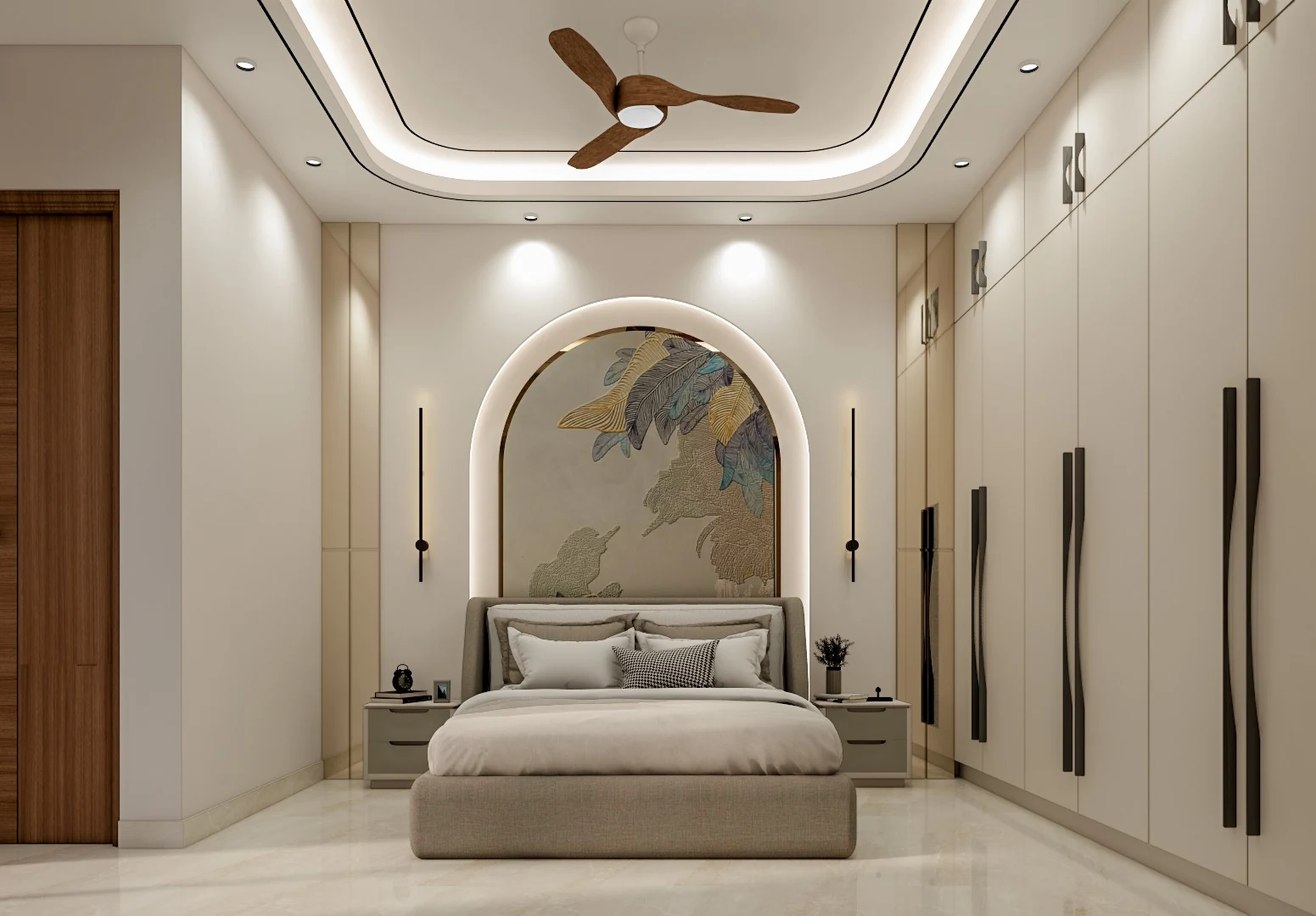 An ivory bedroom with an arched feature wall