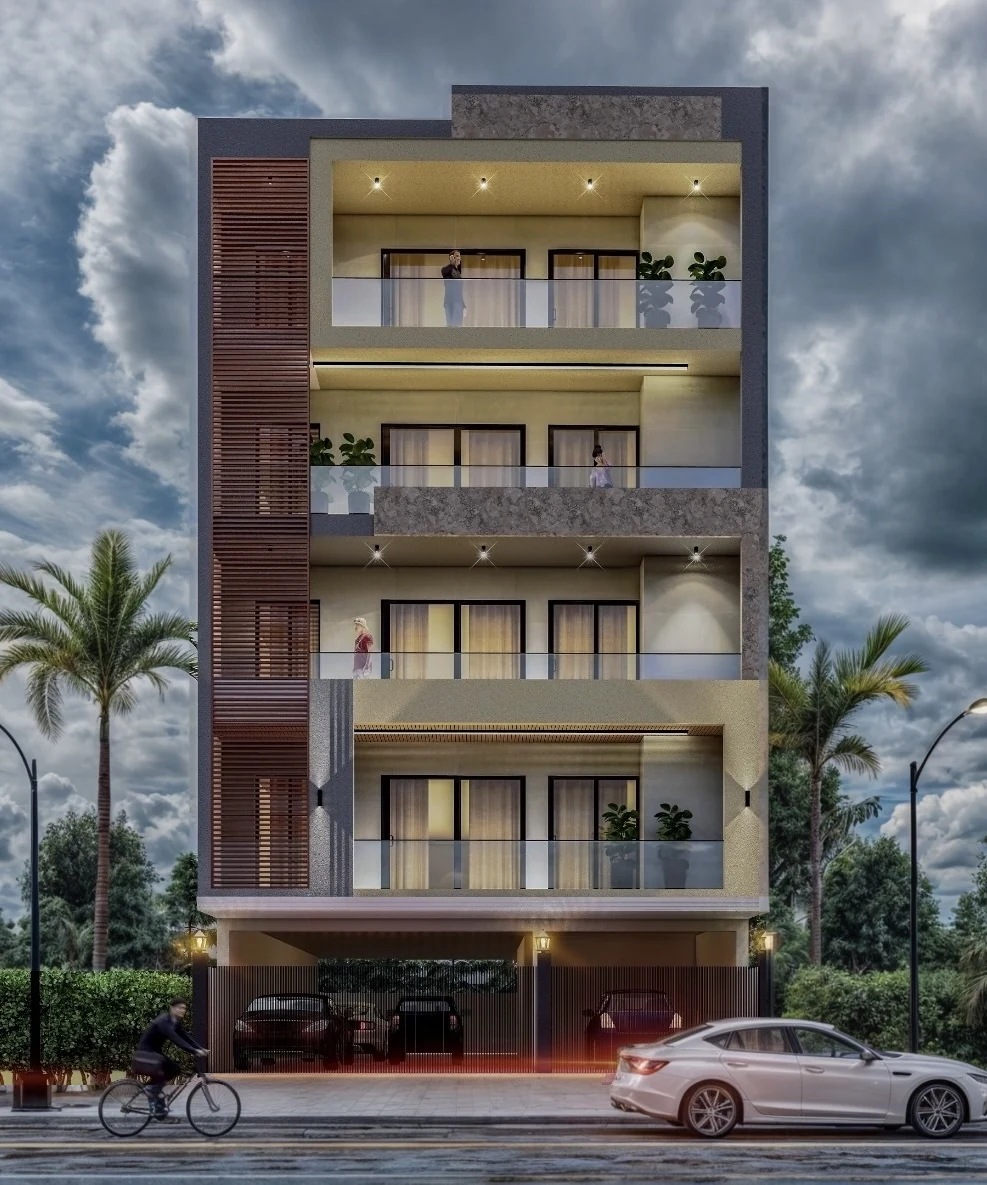A contemporary residential façade beneath a dramatic sky