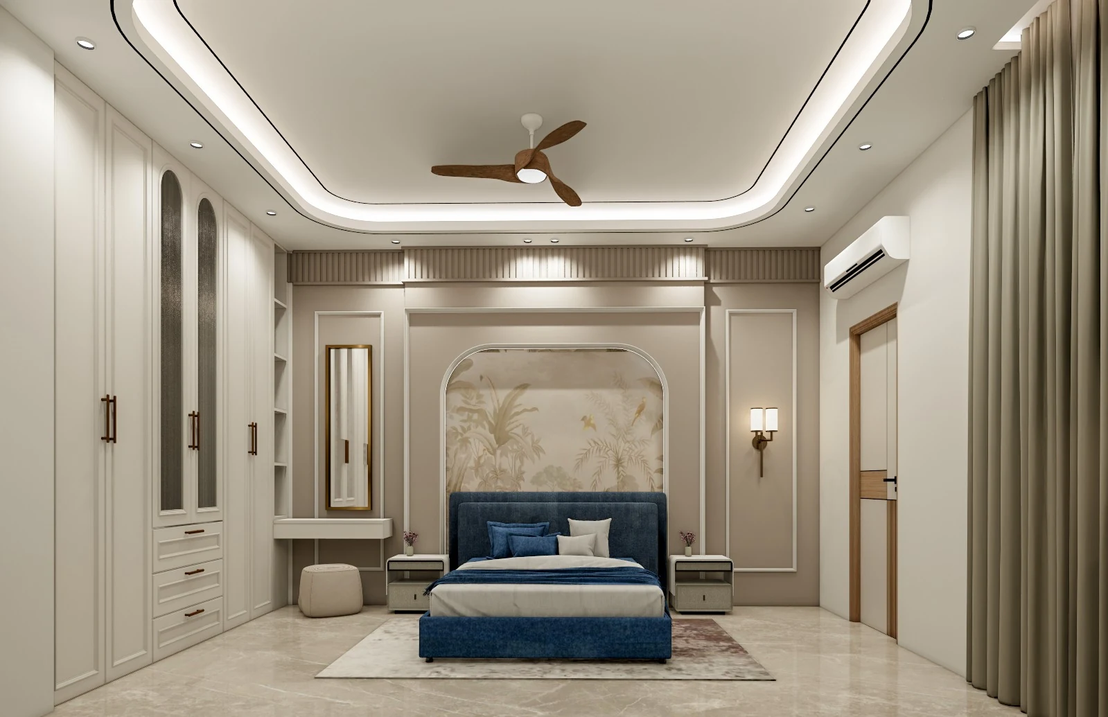 A bedroom with a blue upholstered bed and classic wall detailing
