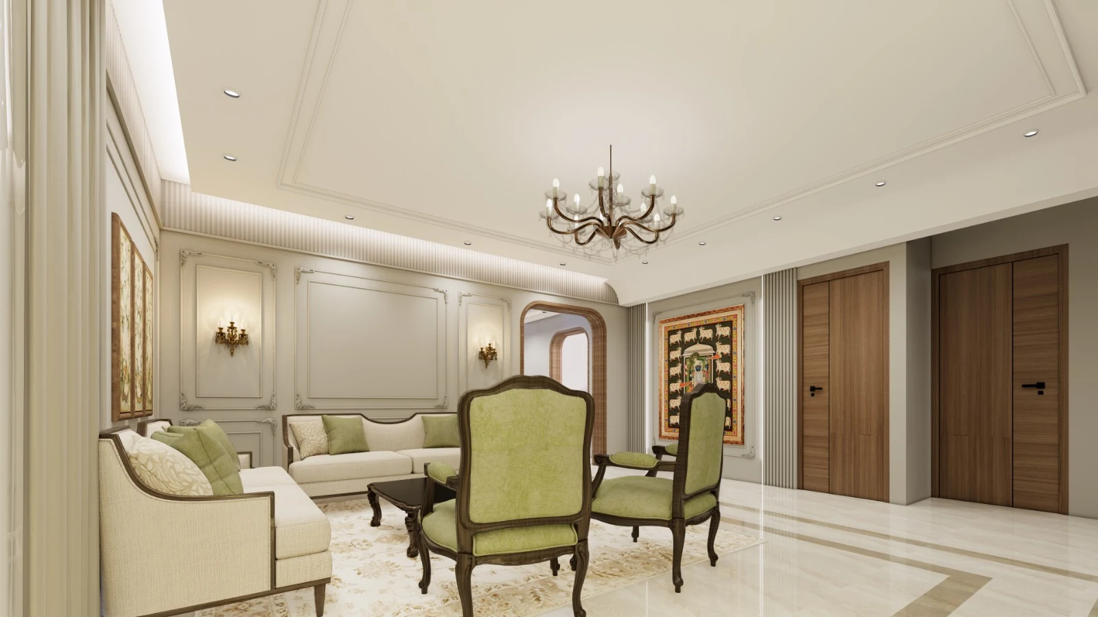 A formal living room with olive accent chairs