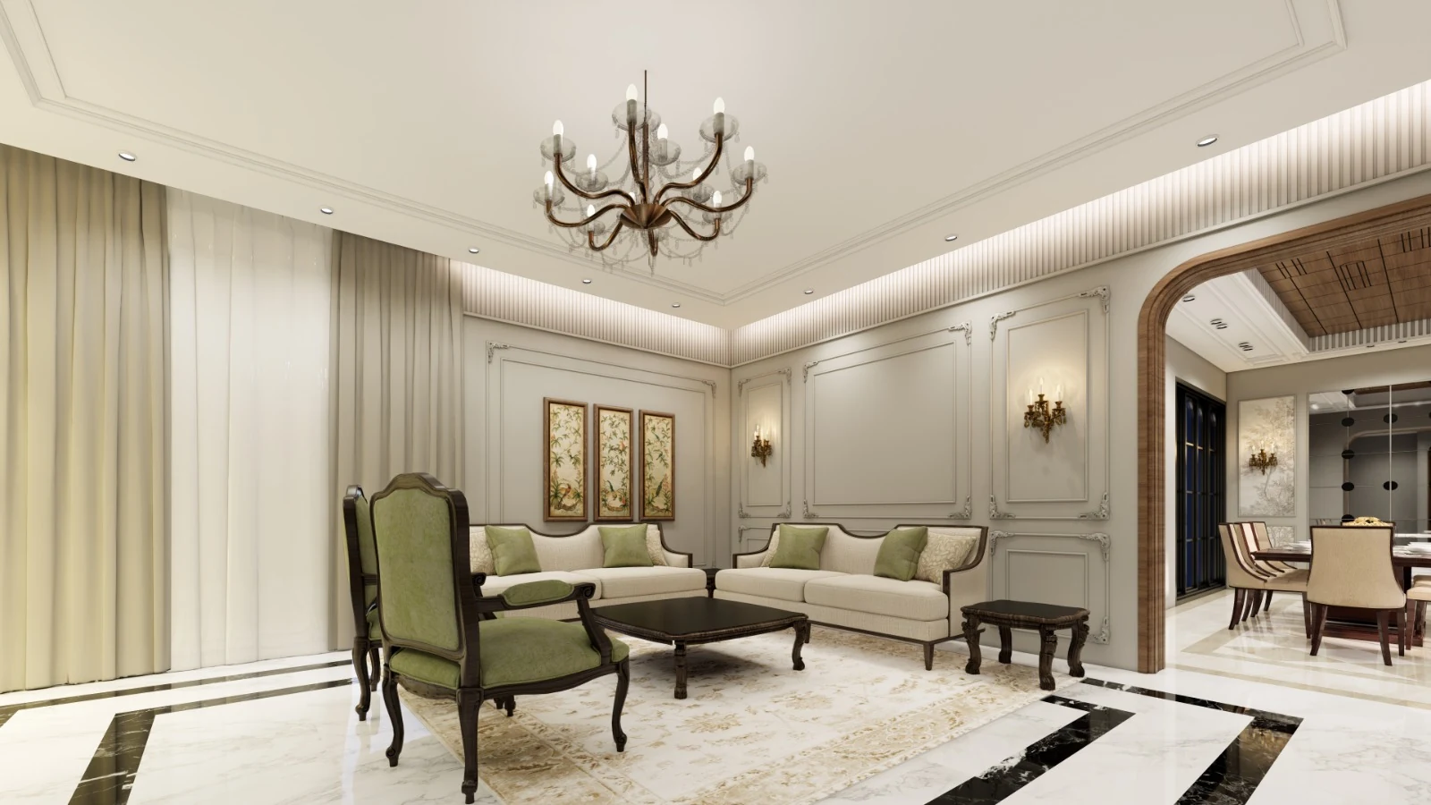 A cream living room with a chandelier and layered wall detailing