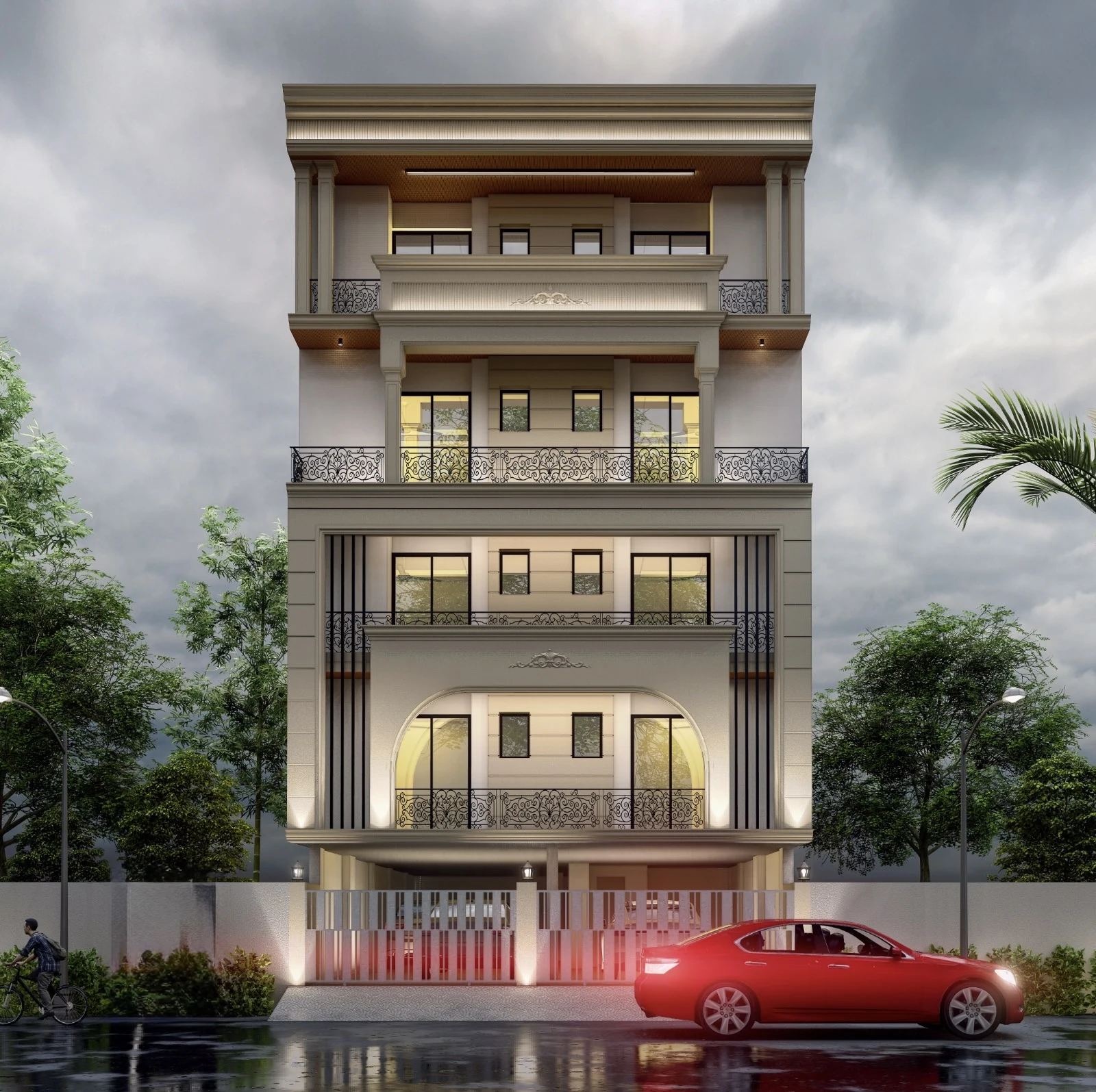 A residential façade with classical balcony railings