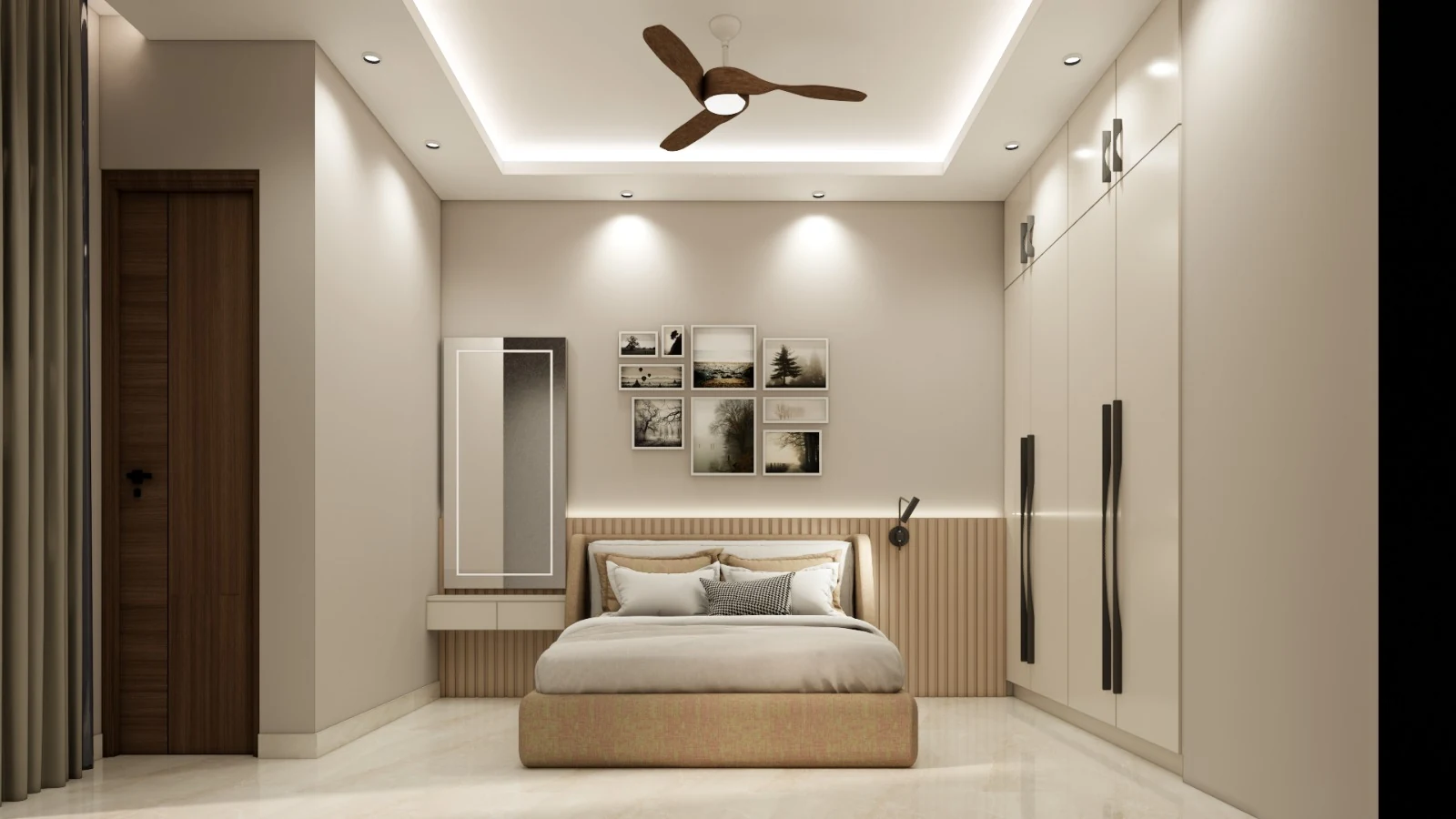 A calm bedroom with a restrained neutral palette
