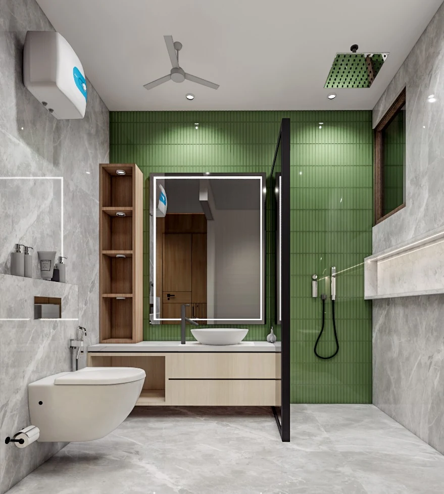A bathroom with green tile and pale stone
