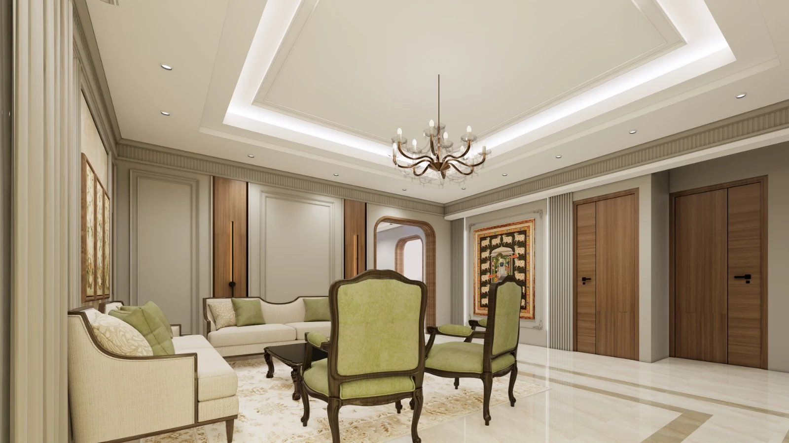 An open living room with decorative ceiling lighting