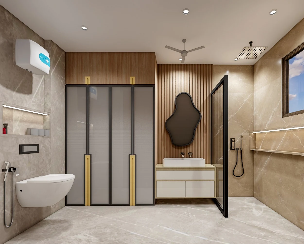A bathroom with warm wood and a glass shower partition