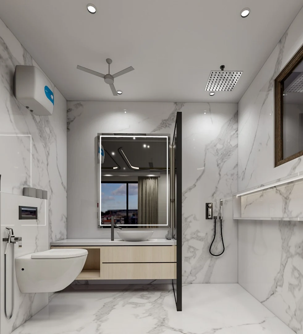 A light marble bathroom with a dark framed mirror