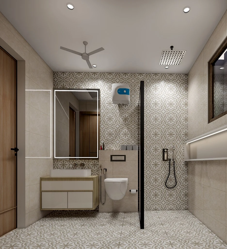 A stone bathroom with patterned wall tile