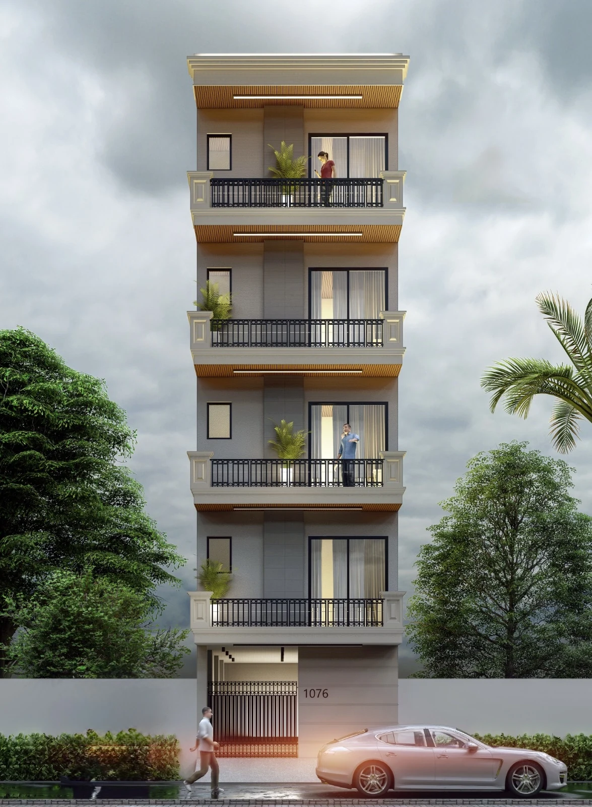 A slim residential building with stacked balconies