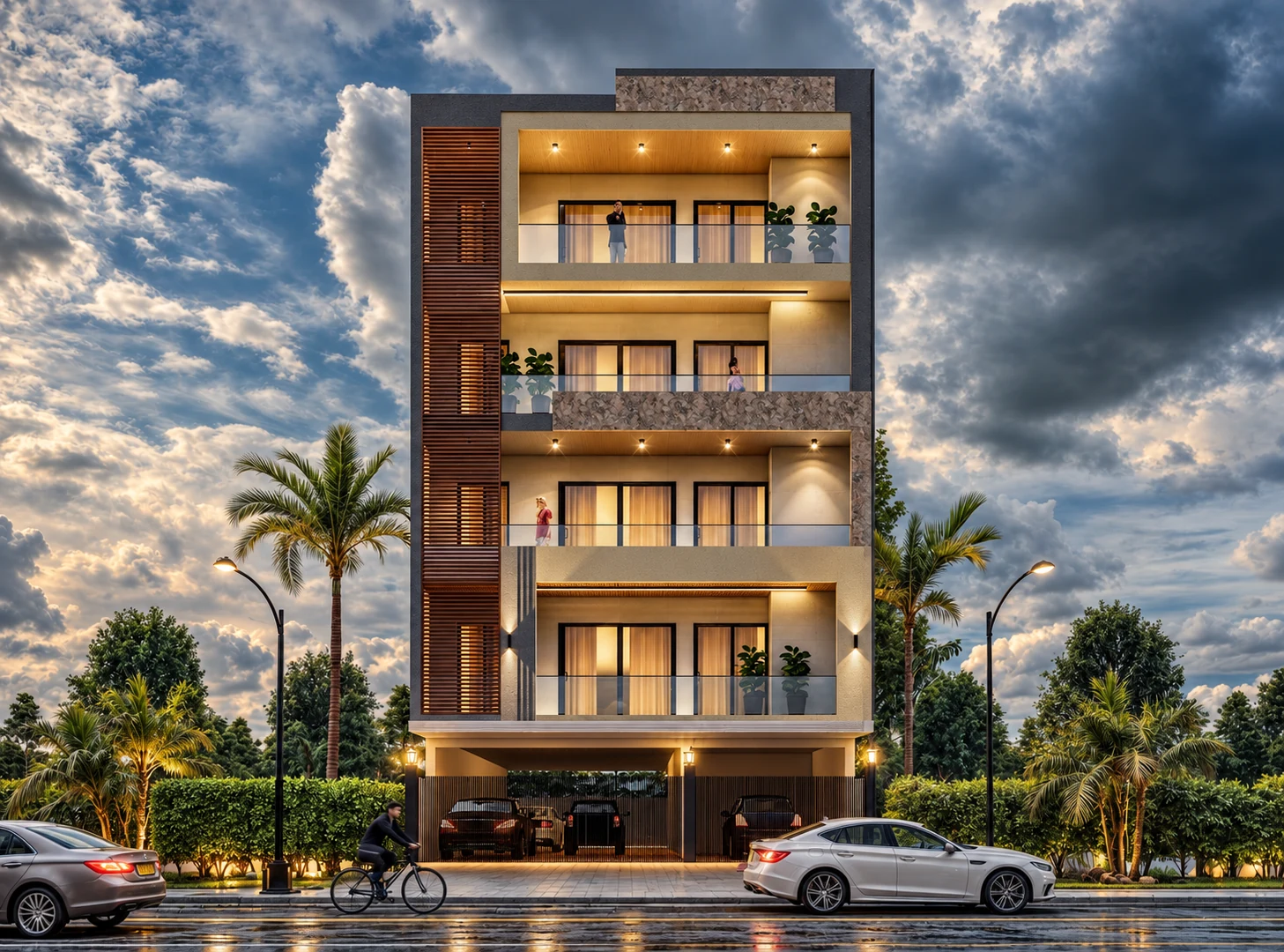 An illuminated residential façade with timber screens at dusk