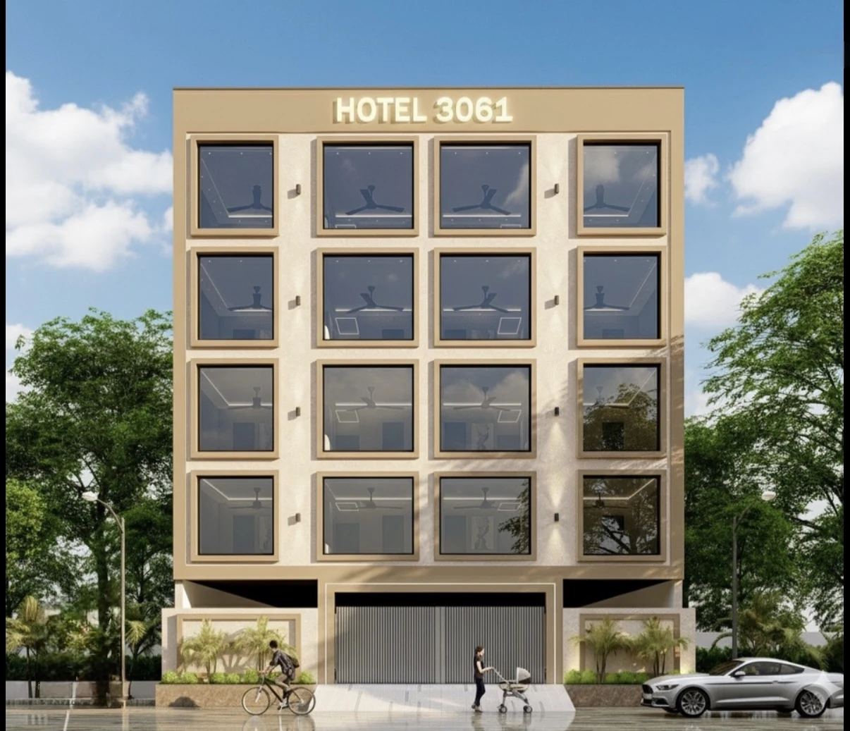 A rendered hotel façade with a regular grid of windows