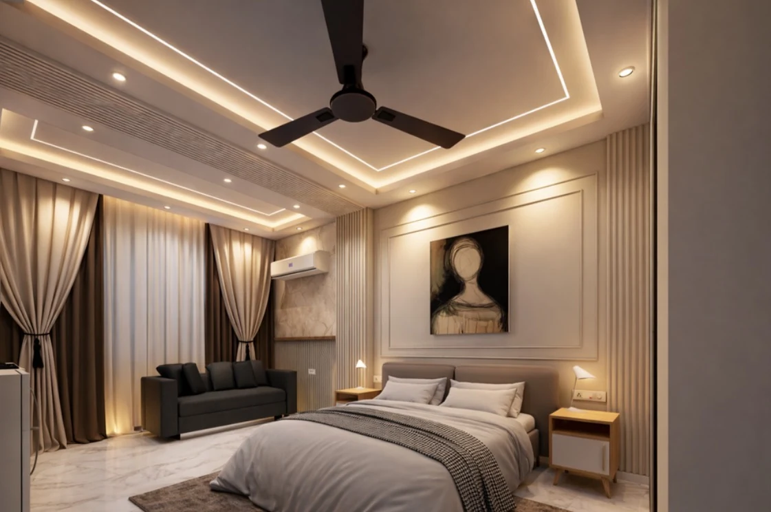 A warm bedroom with layered lighting and grey furnishings