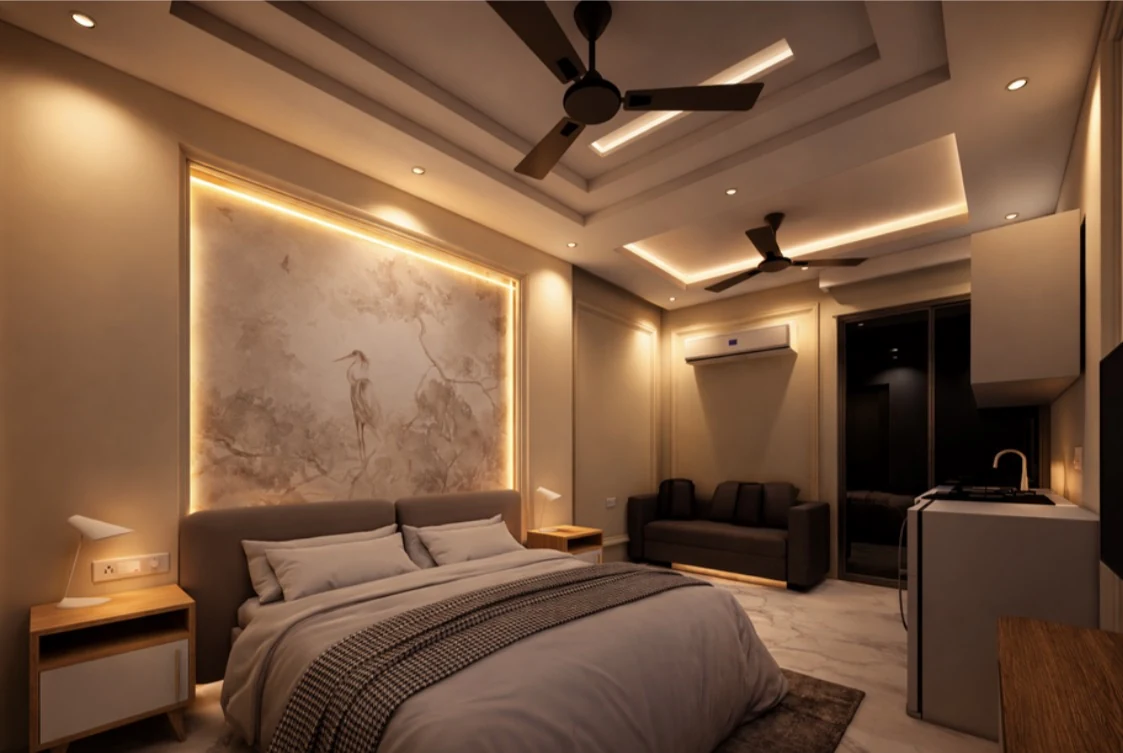 A bedroom with sculptural wall detailing and warm light
