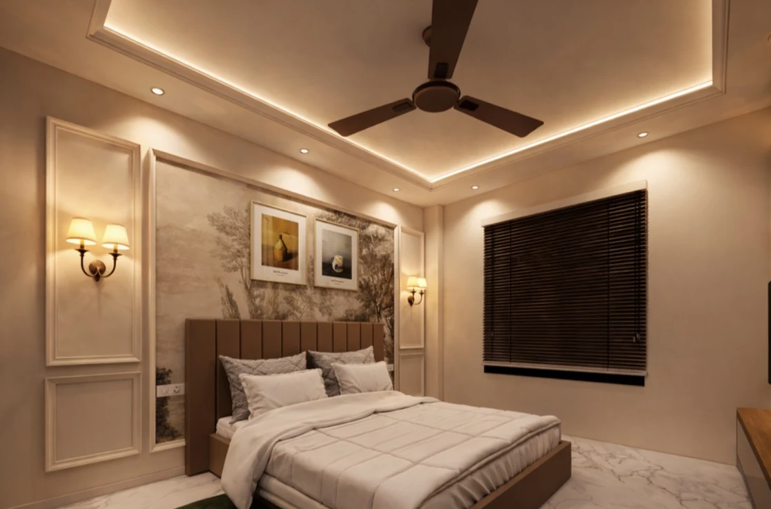A bedroom with classic panelling and framed art
