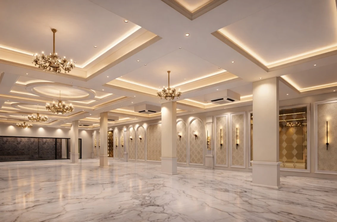 A wide reception interior with illuminated wall detailing