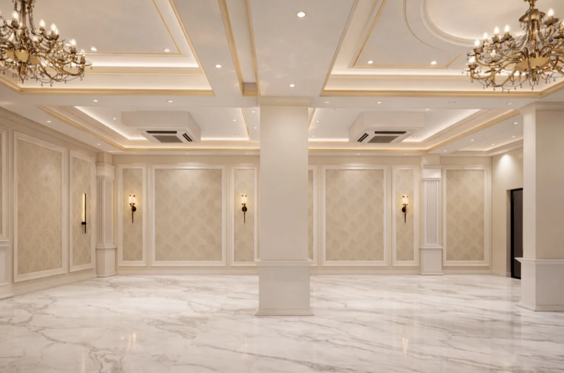 A reception interior with rhythmic arches and stone floors