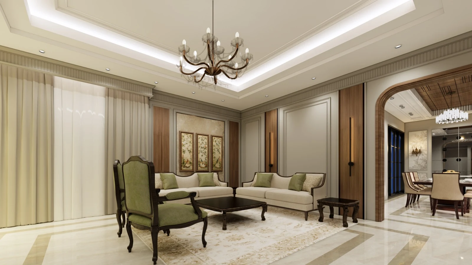 A living room with cream upholstery and olive accent seating