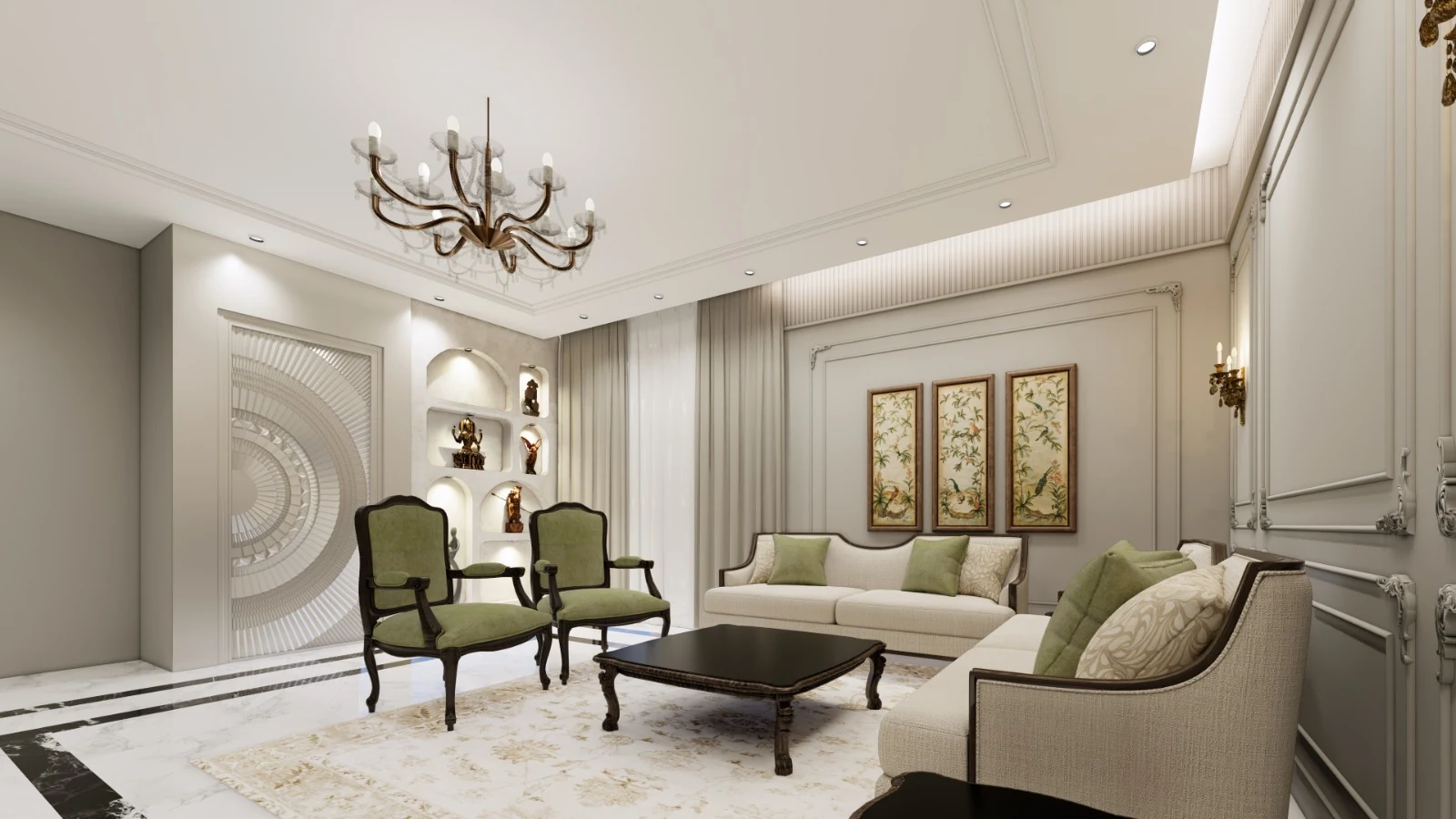 A formal living room seen from the dining area