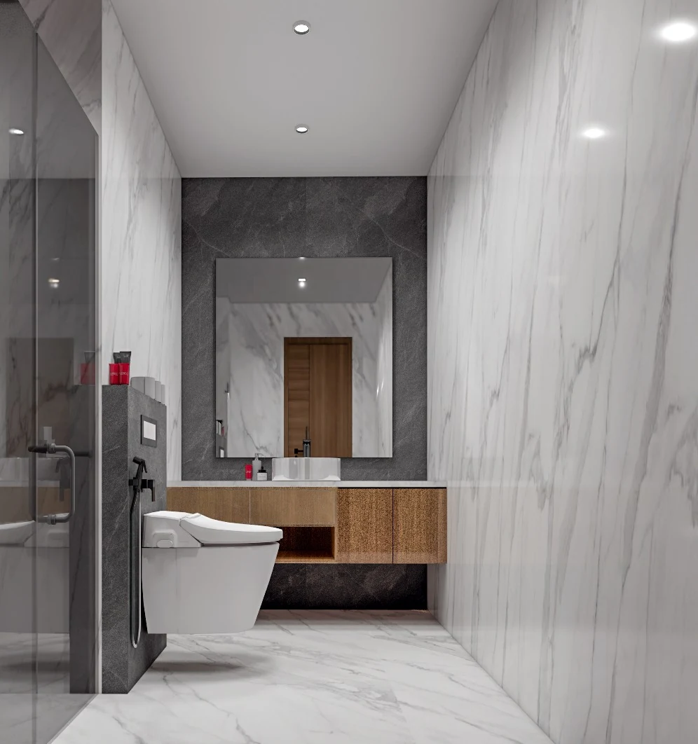 A grey marble bathroom with a floating wood vanity