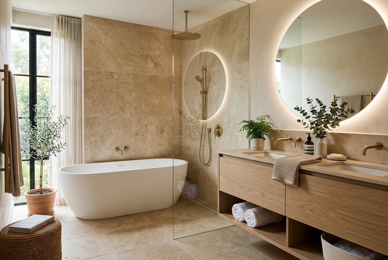 Bathroom renovation with freestanding tub, stone wall tiles, and backlit mirror