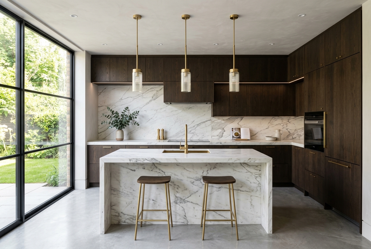 Kitchen renovation featuring a marble island, dark cabinets, and pendant lighting