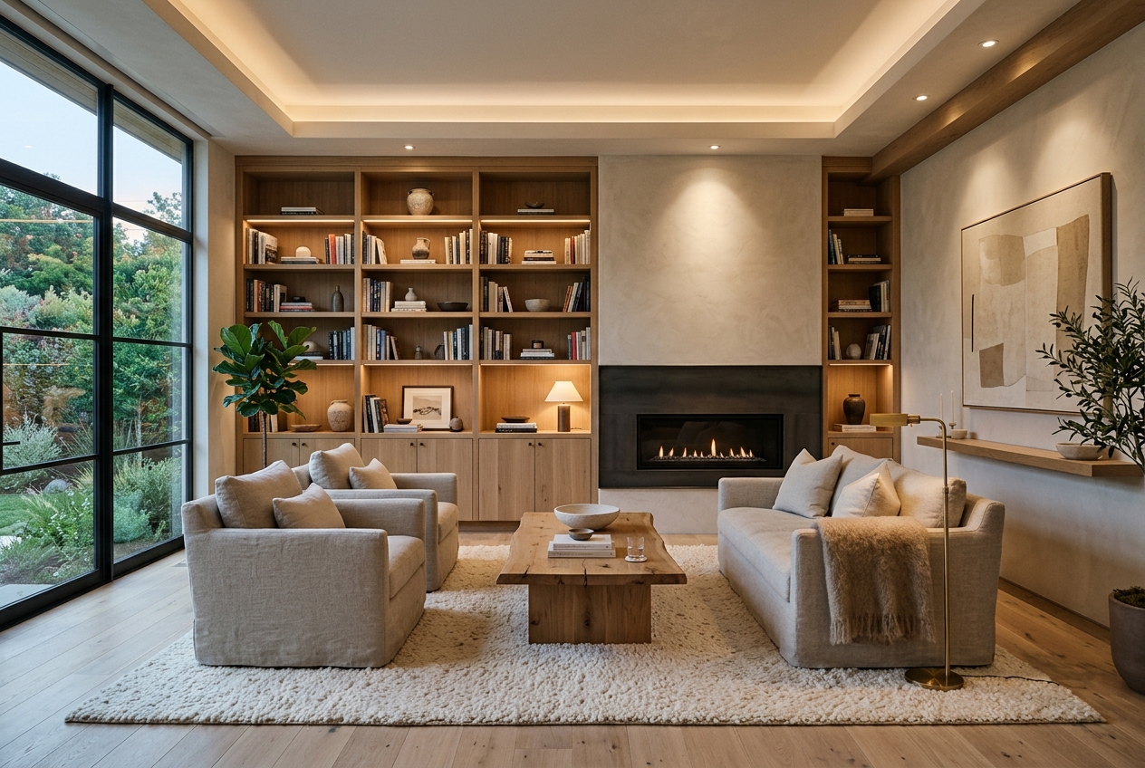 Living room renovation with built-in shelving and a fireplace